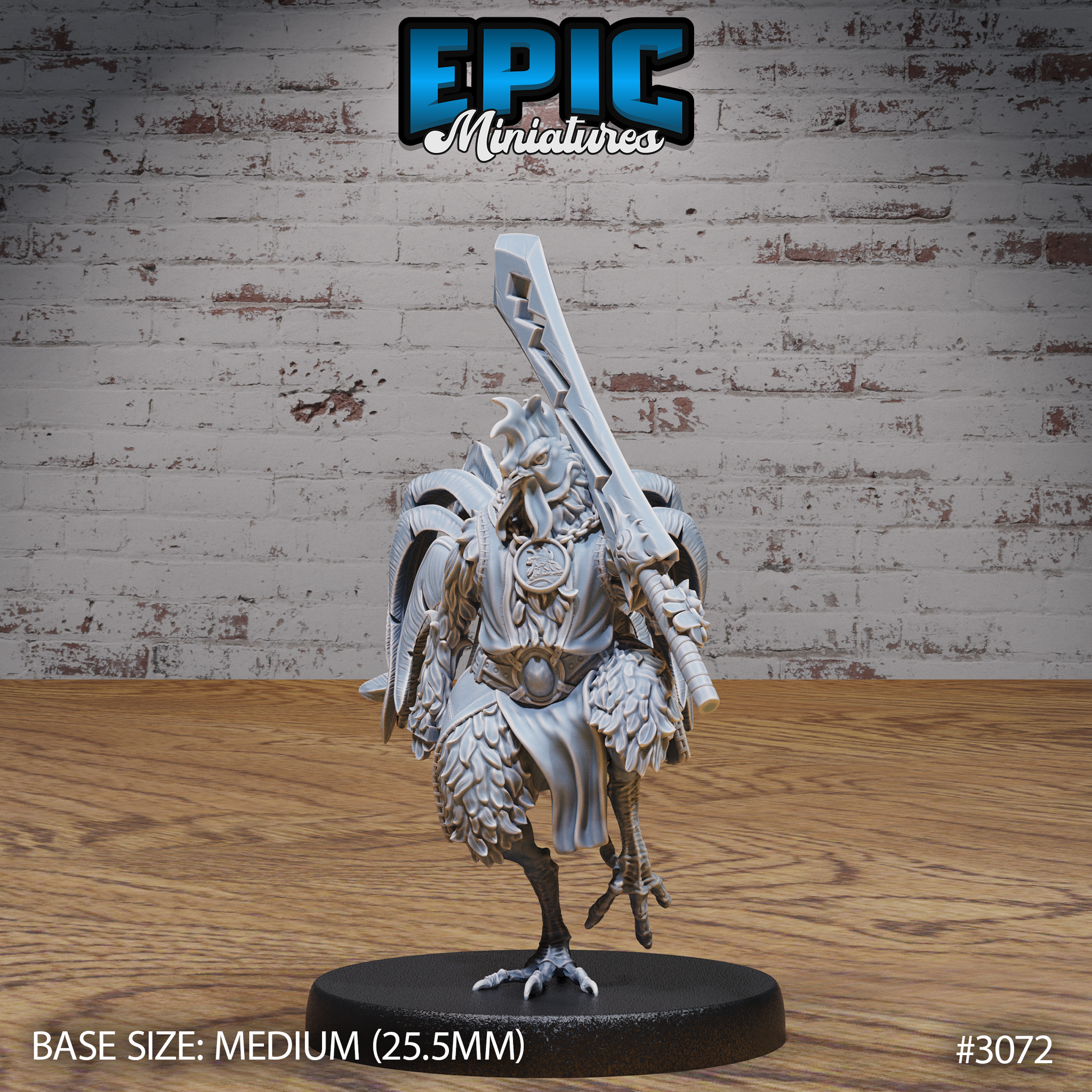 Armoured rooster warrior standing upright, a broad angular great sword resting back across one shoulder, wearing a medallion breastplate and scaled limb armour, feathered body with layered plumage. Sculpt by Epic Miniatures.