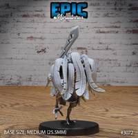 Rooster warrior seen from behind, revealing a wide fan of long sweeping tail feathers rendered in individual detail, great sword blade visible above the head, taloned feet on a plain round base. Sculpt by Epic Miniatures.