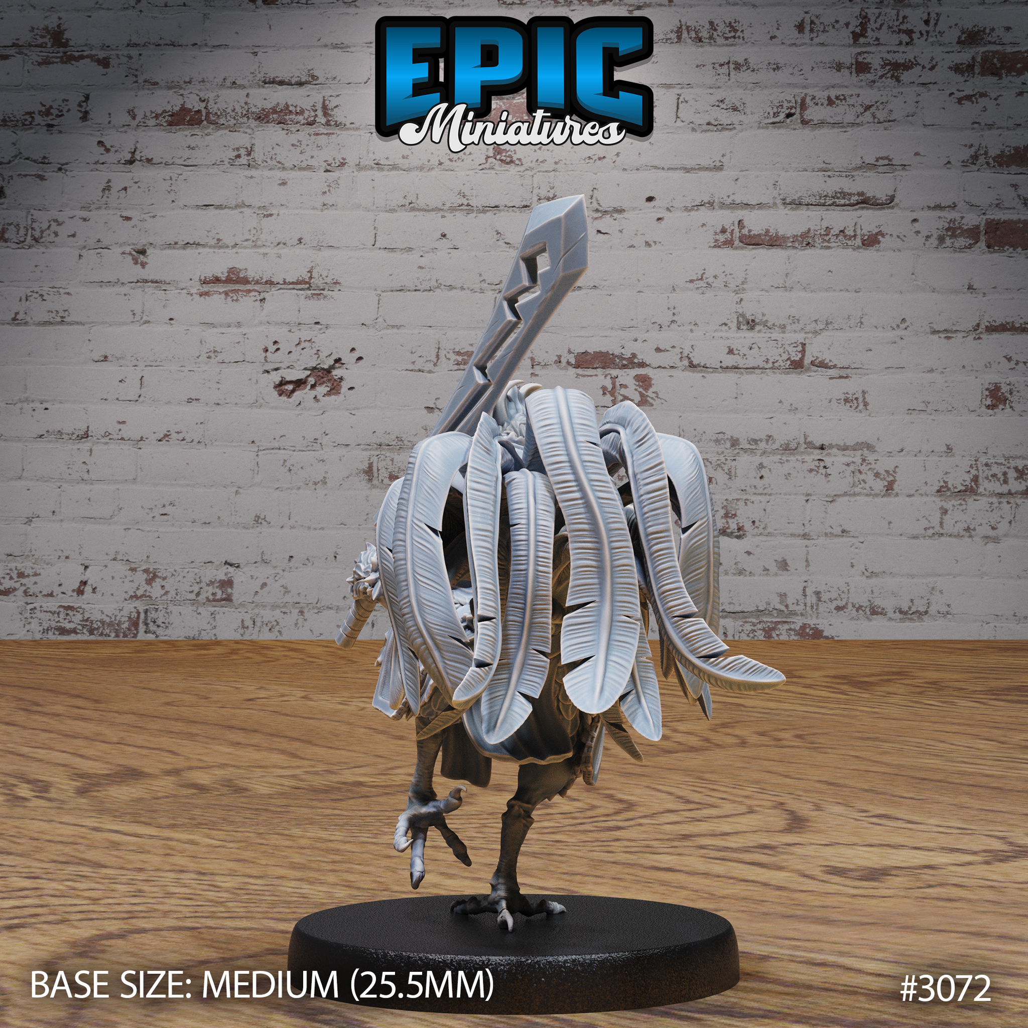 Rooster warrior seen from behind, revealing a wide fan of long sweeping tail feathers rendered in individual detail, great sword blade visible above the head, taloned feet on a plain round base. Sculpt by Epic Miniatures.