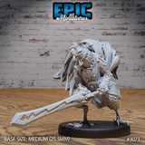 Rooster Warrior miniature by Epic Miniatures, sword arm extended low in a sweeping attack pose, wearing a feathered chest medallion and layered plumage armour, holding a long runed blade.