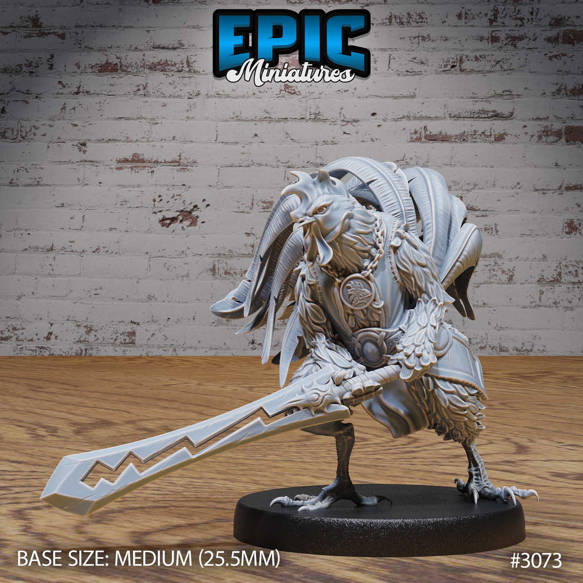 Rooster Warrior miniature by Epic Miniatures, sword arm extended low in a sweeping attack pose, wearing a feathered chest medallion and layered plumage armour, holding a long runed blade.