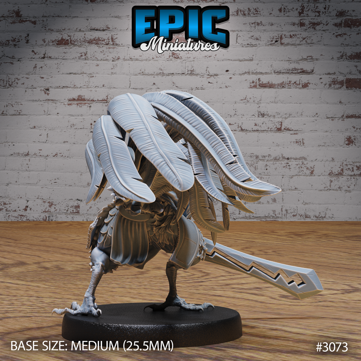 Rooster Warrior miniature by Epic Miniatures viewed from behind, showing a dramatic fan of large primary feathers across the back, taloned feet on a plain round base, runed sword extended outward.
