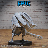 Rooster Warrior miniature by Epic Miniatures viewed from behind, showing a dramatic fan of large primary feathers across the back, taloned feet on a plain round base, runed sword extended outward.