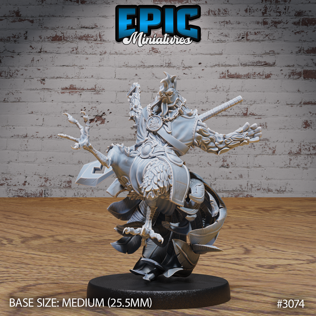 Rooster Warrior Talon Attack by Epic Miniatures — feathered birdfolk fighter with arms spread wide, scaled stone-like arm armour, heavy blade strapped across the back, taloned feet, and a flowing plume of feathers at the lower body. Medallion at the chest.