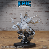Rooster Warrior Talon Attack by Epic Miniatures — feathered birdfolk fighter with arms spread wide, scaled stone-like arm armour, heavy blade strapped across the back, taloned feet, and a flowing plume of feathers at the lower body. Medallion at the chest.