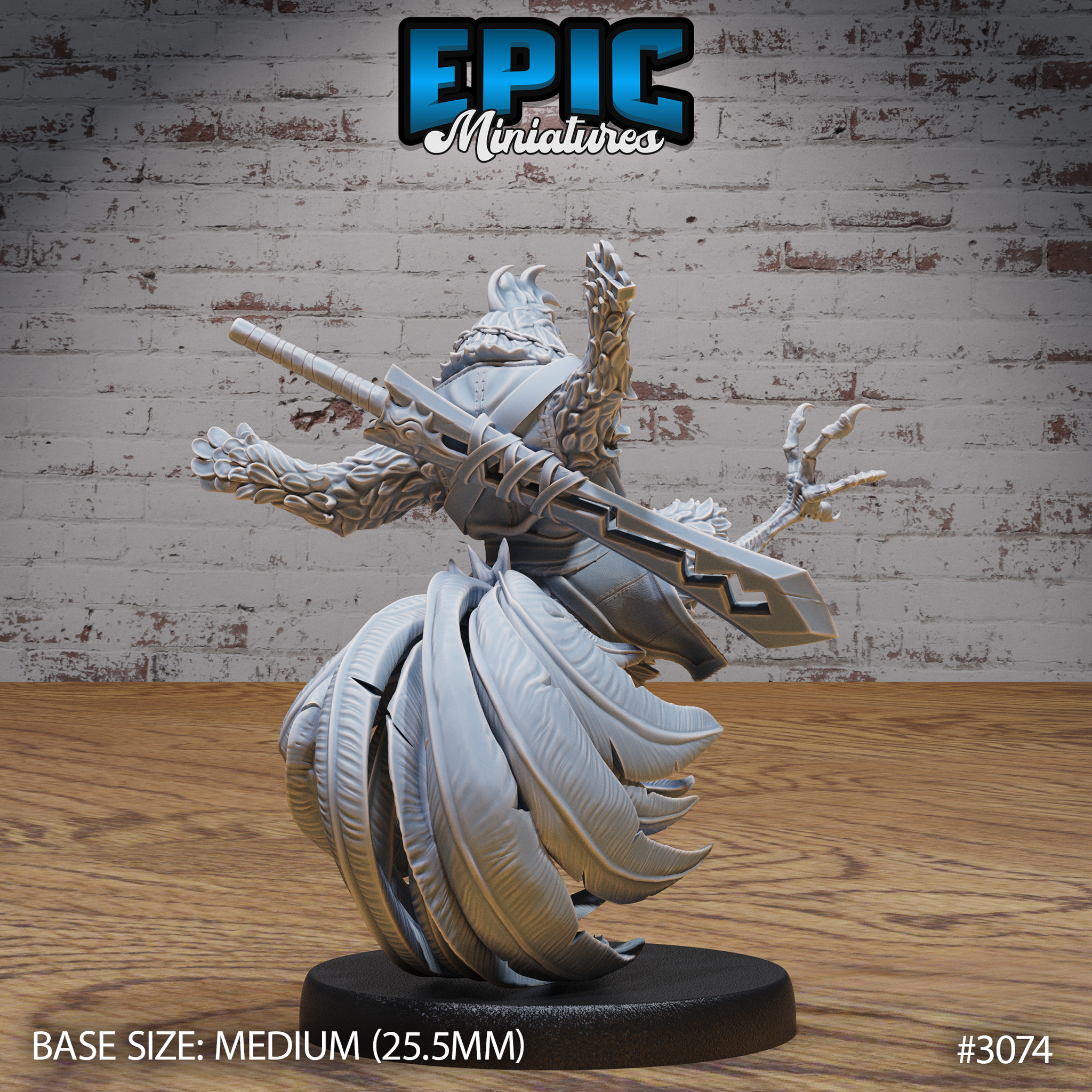Rooster Warrior Talon Attack by Epic Miniatures — rear view showing a large two-handed blade strapped diagonally across the back, layered scale-armour on the arms, and a dramatic sweeping cascade of long curved tail feathers forming the lower body.