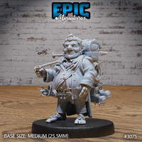Chubby halfling figure holding a drawn sling, wearing a layered coat and belt, with a massive overstuffed rucksack bearing a sword, rope, and crampon strapped at the ankle. Sculpt by Epic Miniatures.