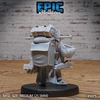 Halfling traveler seen from behind, showing a towering rucksack with a bundled bedroll, buckled pouches, a pickaxe, and arrows tucked into the frame, mounted on a plain round base. Sculpt by Epic Miniatures.