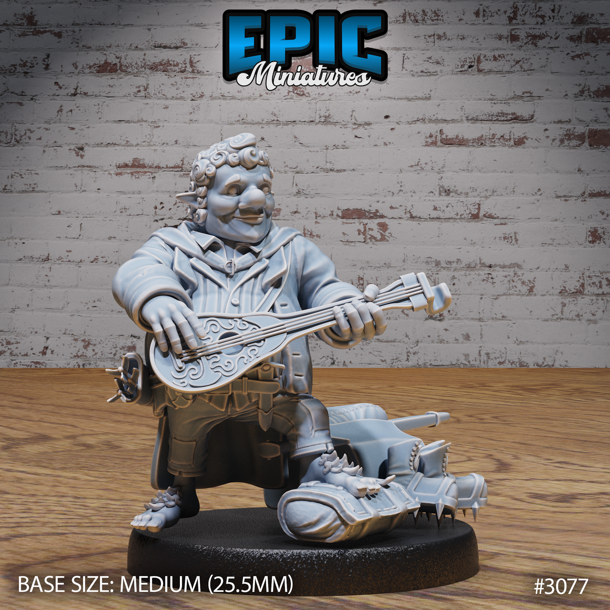 Seated halfling musician clutching an ornate filigree lute, wearing a layered travelling coat, curly hair, wide grin, with a spiked armoured pack resting at his clawed boots. Sculpt by Epic Miniatures.
