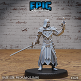 Hooded warlock miniature in ornate sigil-etched plate armour, longsword held low in right hand, left hand raised with eldritch flame effect curling through the gauntlet. Sculpt by Epic Miniatures.