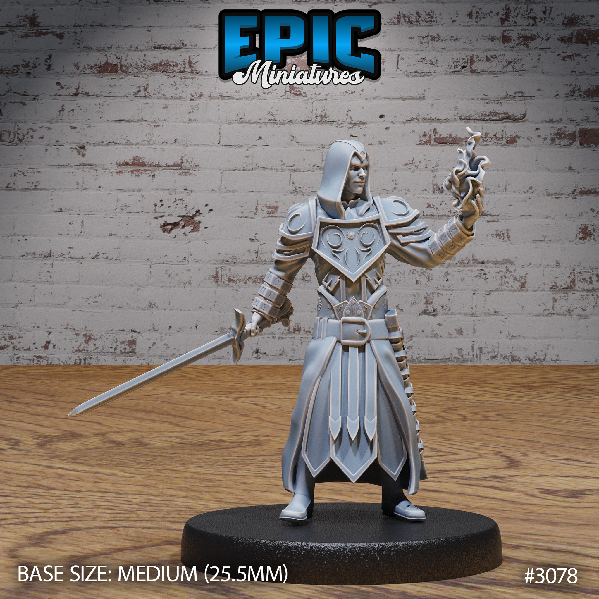 Hooded warlock miniature in ornate sigil-etched plate armour, longsword held low in right hand, left hand raised with eldritch flame effect curling through the gauntlet. Sculpt by Epic Miniatures.