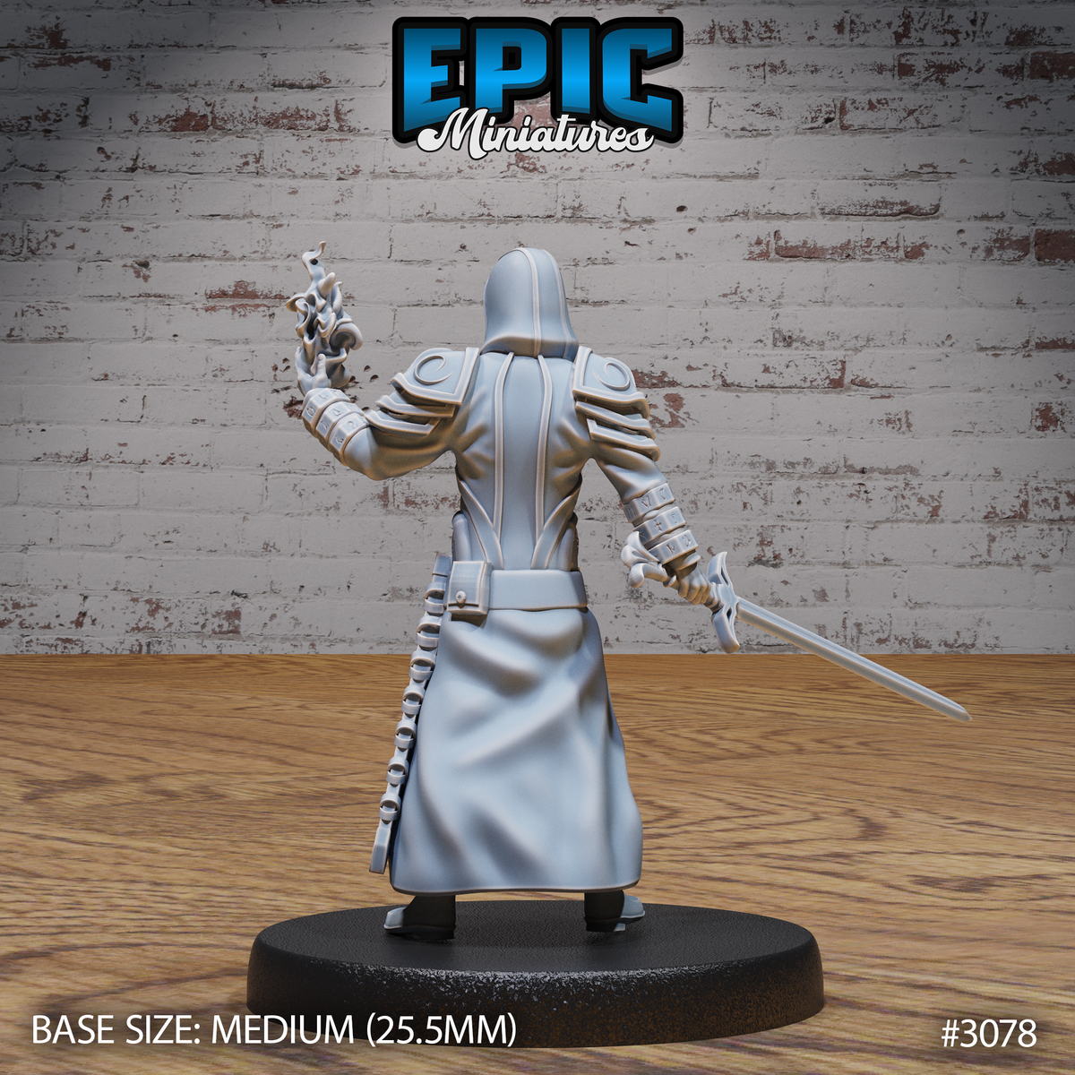 Warlock miniature seen from behind, revealing a long flowing coat over layered armour plates, runic banding along the left gauntlet, eldritch flame rising above the raised hand. Sculpt by Epic Miniatures.
