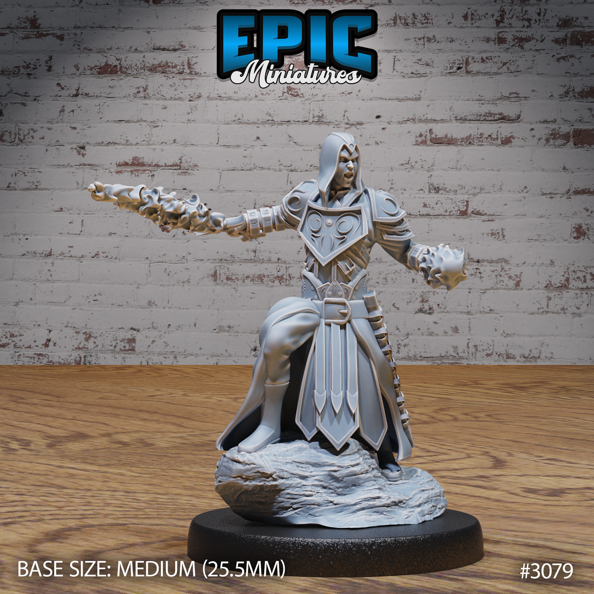 Hooded warlock in armoured robes, arms outstretched, holding a skull-covered gauntlet forward and raising another behind. Engraved breastplate, layered tabard, rocky base. Epic Miniatures sculpt.