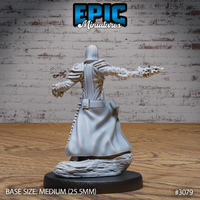 Rear view of a hooded warlock in long flowing cloak and articulated plate sleeves, both arms extended wide, skull-encrusted gauntlets visible on each hand. Rocky sculpted base. Epic Miniatures.