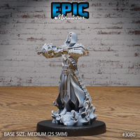 Hooded warlock thrusting a gauntleted fist forward, wreathed in swirling eldritch energy, wearing layered robes and armoured pauldrons over a belted coat with angular hem detailing, standing on a flame-sculpted scenic base. Sculpt by Epic Miniatures.