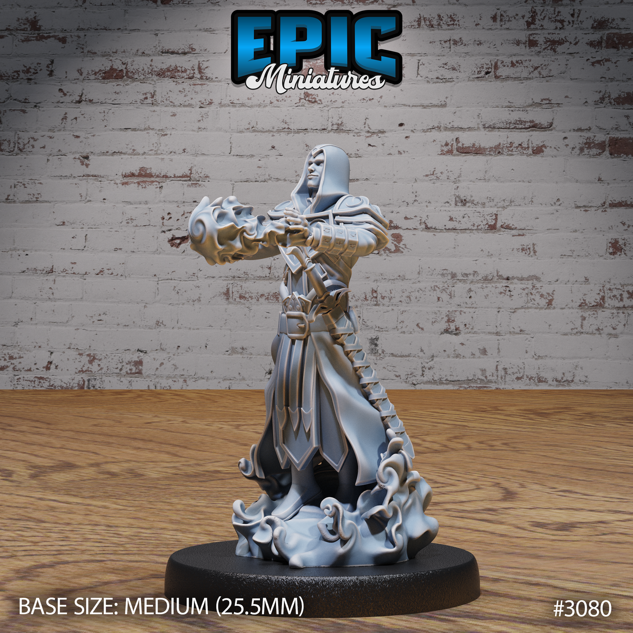 Hooded warlock thrusting a gauntleted fist forward, wreathed in swirling eldritch energy, wearing layered robes and armoured pauldrons over a belted coat with angular hem detailing, standing on a flame-sculpted scenic base. Sculpt by Epic Miniatures.
