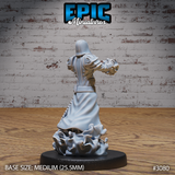 Warlock miniature seen from behind, showing a deep hood, broad armoured pauldrons, flowing belted coat with soft drapery, and one arm extended clutching a crackling magical gauntlet, base sculpted with curling flame tendrils. Sculpt by Epic Miniatures.