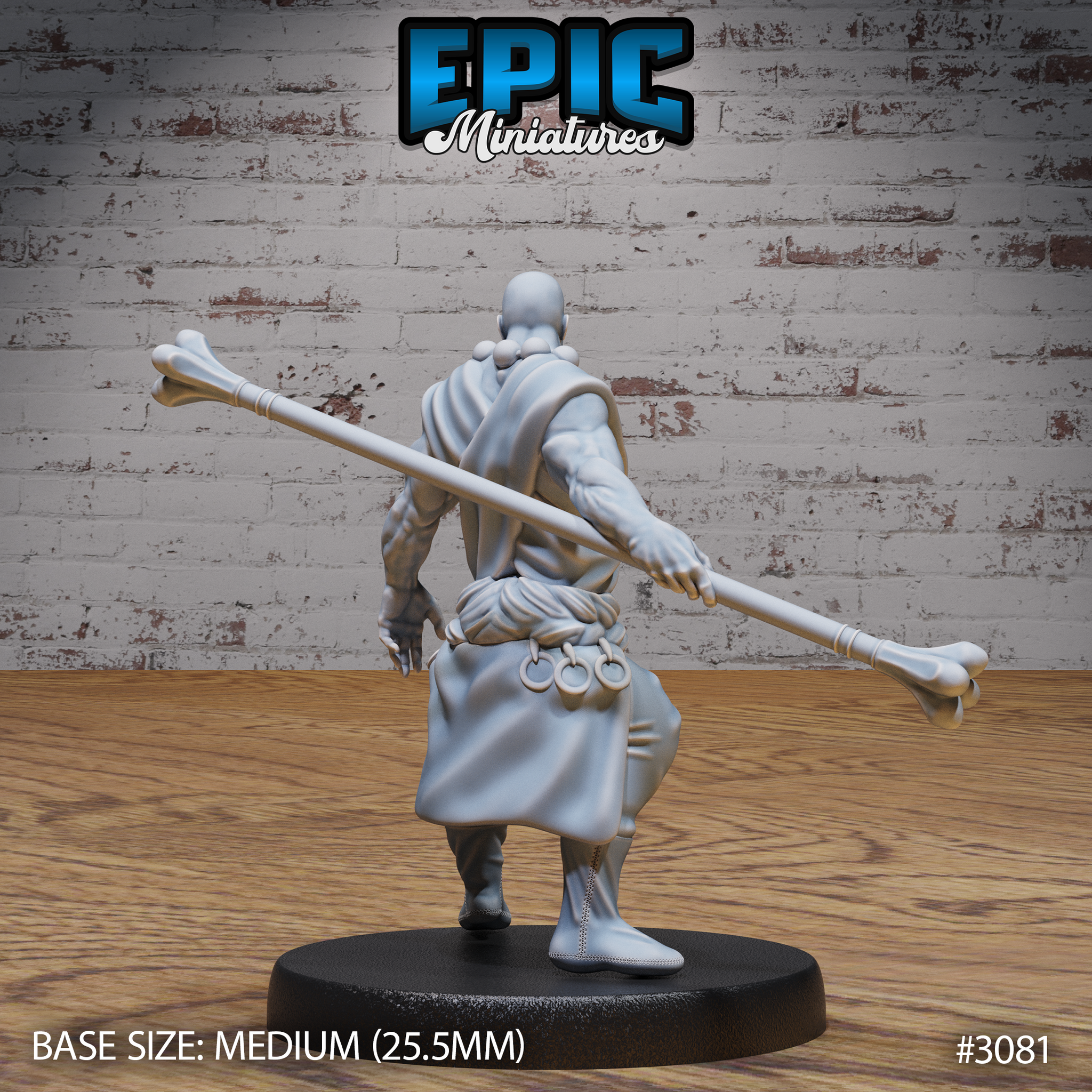 Bald, broad-shouldered monk seen from behind, bone staff held across his lower back at hip height, draped wrap falling to mid-thigh with ring-decorated cord belt visible. Sculpt by Epic Miniatures.