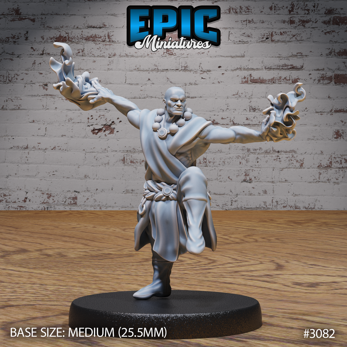 Bald, heavily muscled monk lunging forward with both arms outstretched wide, each hand engulfed in large flame effects. Open robe, bead necklace, raised knee mid-stride. Sculpt by Epic Miniatures.