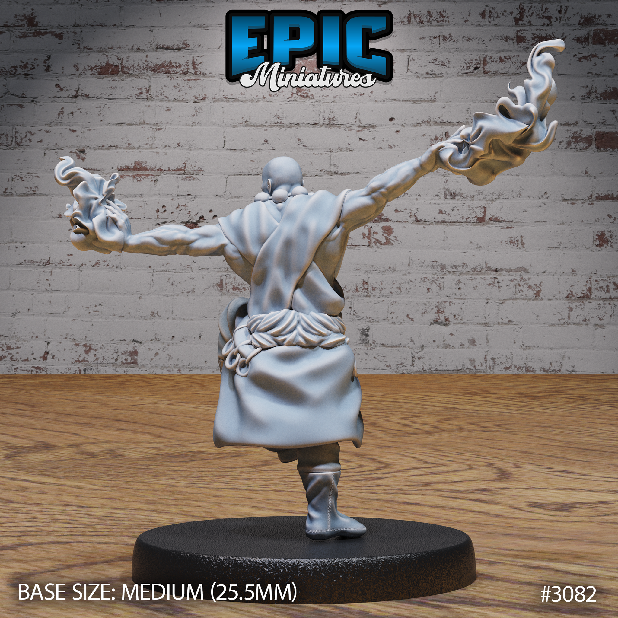 Broad-shouldered bald monk seen from behind, arms flung wide with billowing flame effects on each hand, deep-folded robe and knotted sash at the waist, one boot raised mid-stride. Sculpt by Epic Miniatures.