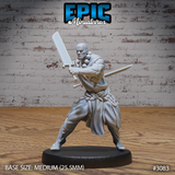 Bald muscular monk in a wide combat stance, both swords raised and crossed at the guard, bare torso with bead necklace, flowing sash and wide trousers. Sculpt by Epic Miniatures.