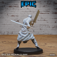 Bald monk seen from behind mid-stance, one broad heavy sword raised high and one slender blade extended low, muscular back exposed, flowing robes and wide-legged pose. Sculpt by Epic Miniatures.