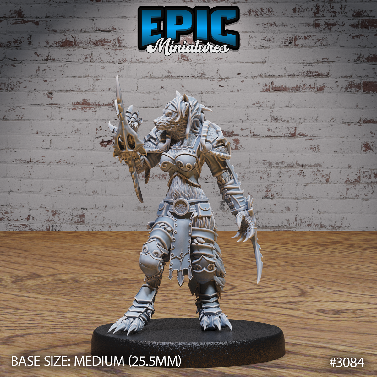 Armoured female werewolf warrior holding a slender blade aloft in one hand, clawed gauntlet open at her side, wearing detailed plate armour with scrollwork over visible fur. Sculpt by Epic Miniatures.