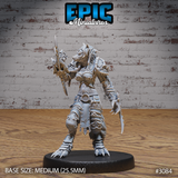 Armoured female werewolf warrior holding a slender blade aloft in one hand, clawed gauntlet open at her side, wearing detailed plate armour with scrollwork over visible fur. Sculpt by Epic Miniatures.