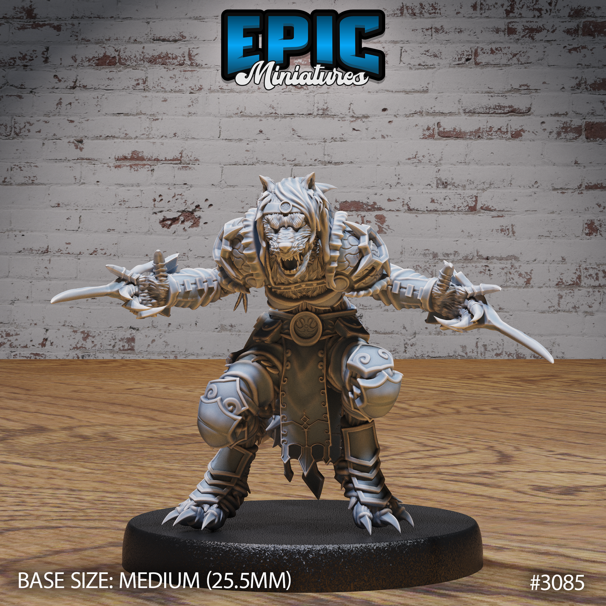 Female werewolf miniature crouched in attack stance, arms spread wide holding two bone-handled daggers, snarling wolf-head hood, layered stone pauldrons and segmented plate armour. By Epic Miniatures.