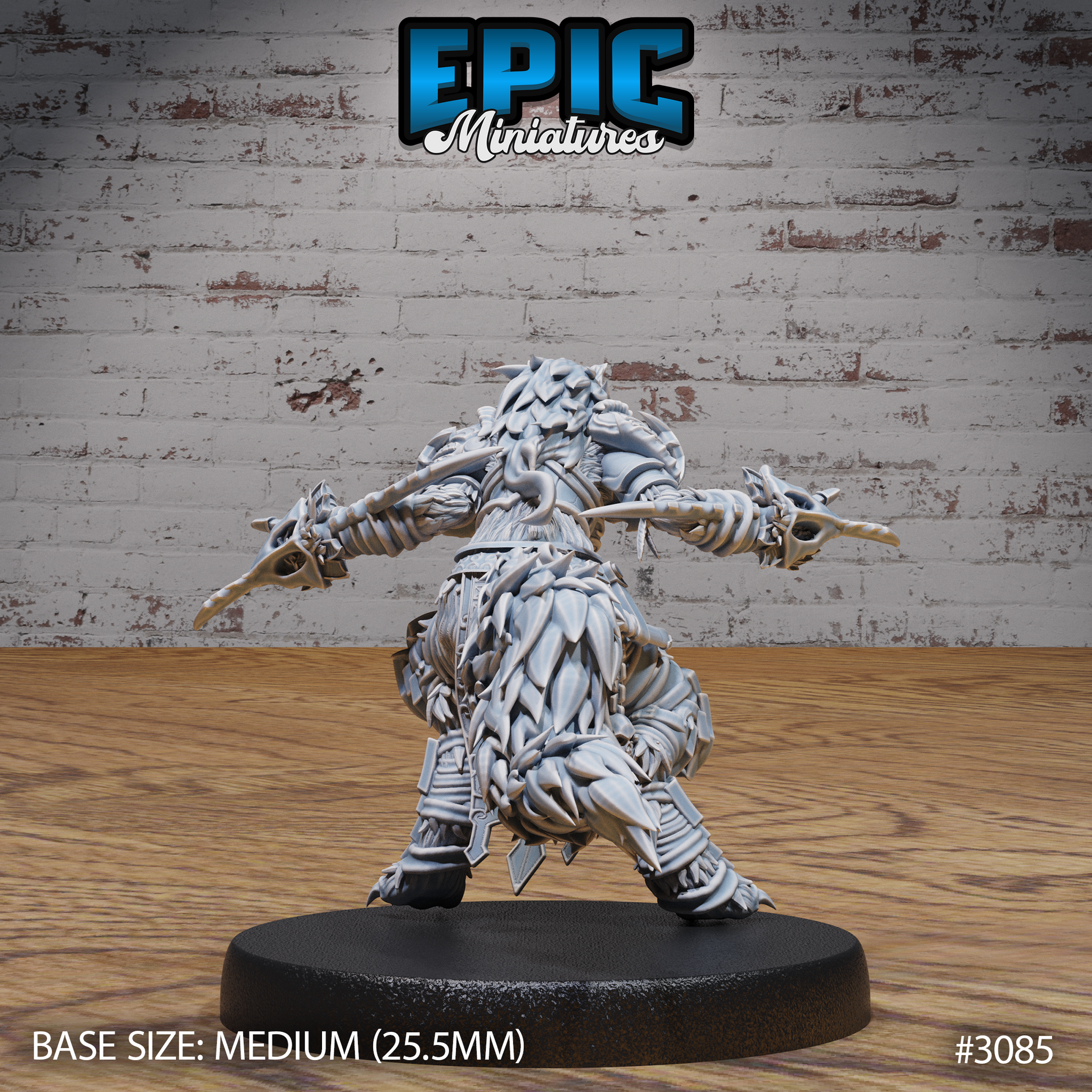 Female werewolf miniature seen from behind, showing an overlapping feather-scale coat across the back, dual daggers extended outward, taloned feet, and heavy layered armour with a decorative belt. By Epic Miniatures.