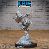 Werewolf warrior seen from behind, mid-leap with both arms extended and weapons raised, dense fur across shoulders and back flowing with the pose, clawed feet gripping a snow and stone scenic base. Sculpt by Epic Miniatures.