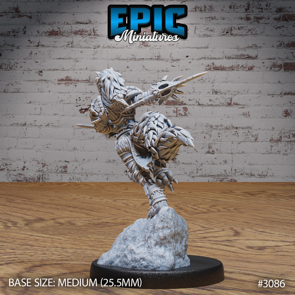Werewolf warrior seen from behind, mid-leap with both arms extended and weapons raised, dense fur across shoulders and back flowing with the pose, clawed feet gripping a snow and stone scenic base. Sculpt by Epic Miniatures.