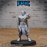 Muscular barbarian standing with a long straight dagger at his side and a spiked weapon resting over one shoulder, wearing layered scale-hide armour, studded belt, and a bare chest with a diagonal chain strap. Sculpt by Epic Miniatures.