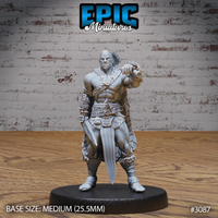 Muscular barbarian standing with a long straight dagger at his side and a spiked weapon resting over one shoulder, wearing layered scale-hide armour, studded belt, and a bare chest with a diagonal chain strap. Sculpt by Epic Miniatures.