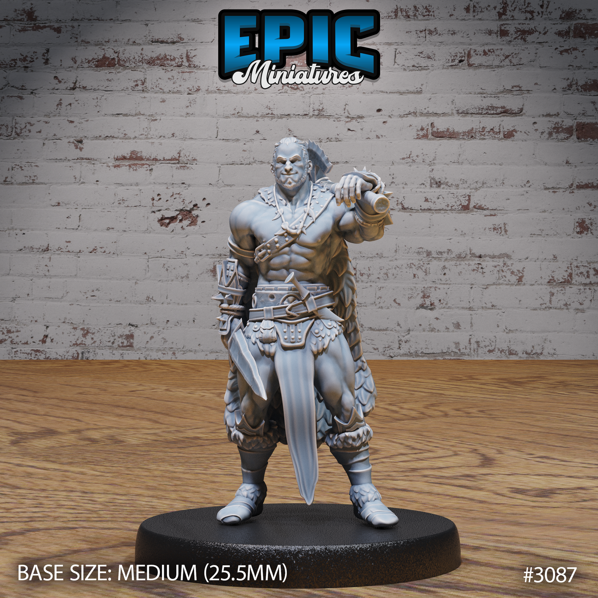 Muscular barbarian standing with a long straight dagger at his side and a spiked weapon resting over one shoulder, wearing layered scale-hide armour, studded belt, and a bare chest with a diagonal chain strap. Sculpt by Epic Miniatures.
