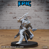 Bare-chested barbarian in a lunging stance, raising a single-headed axe overhead with one hand and holding a short blade low in the other, wearing a studded collar, scale-hide cloak, and laced bracers. Sculpt by Epic Miniatures.