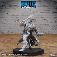 Bare-chested barbarian in a lunging stance, raising a single-headed axe overhead with one hand and holding a short blade low in the other, wearing a studded collar, scale-hide cloak, and laced bracers. Sculpt by Epic Miniatures.