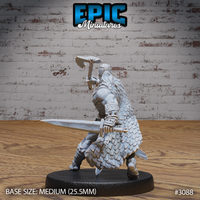 Barbarian sculpt seen from behind, axe raised above the head in a two-handed grip, draped in a sweeping cloak of overlapping scales with a broad decorative belt across the lower back, short sword extended at the side. Sculpt by Epic Miniatures.