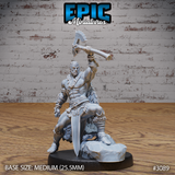 Muscular bare-chested barbarian with a great axe raised overhead in one hand, dagger at belt, fur cloak and leather-wrapped forearms, kneeling on a rocky sculpted base. Sculpt by Epic Miniatures.