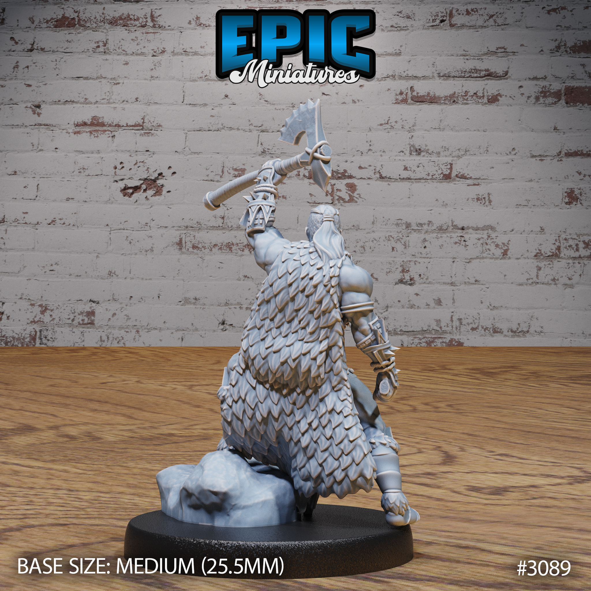 Barbarian miniature seen from behind, showing a heavy feathered or scaled fur cloak draping across his back, great axe raised high, crouching over a rocky base. Sculpt by Epic Miniatures.