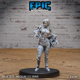 Female elf fighter standing with sword at her side, wearing a corset-style armoured torso, studded leg bindings, spiked pauldrons and a fur-and-feather collar. Round knotwork shield slung at her back. Long flowing hair, pointed ears, composed expression. Sculpt by Epic Miniatures.