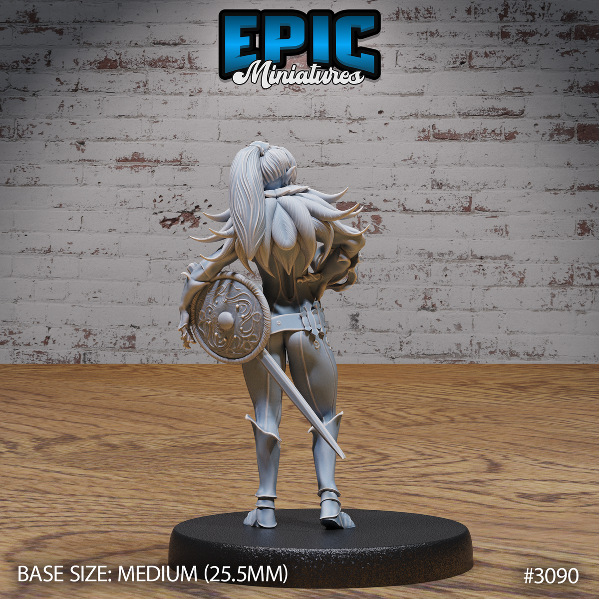 Female elf fighter shown from behind, long ponytail flowing down her back, large round knotwork shield strapped across her shoulders, longsword hanging at her side. Detailed studded leg armour and layered fur collar visible. Sculpt by Epic Miniatures.