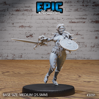 Female elf fighter stepping forward with a long sword extended and an engraved round shield raised, wearing studded leather armour with a belted waist and short cape, serpentine sword hilt detail. Sculpt by Epic Miniatures.