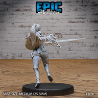 Female elf fighter viewed from behind, long hair flowing, both hands gripping a sword with a claw-like serpentine hilt at the ready, wearing layered leather armour with studded detailing and armoured boots. Sculpt by Epic Miniatures.