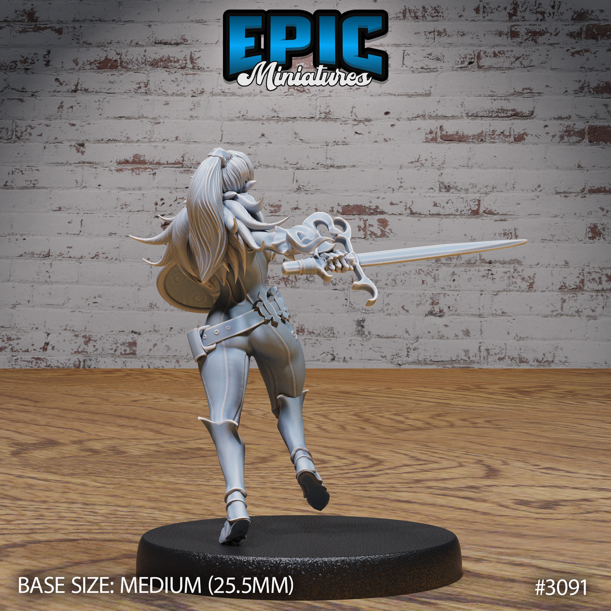Female elf fighter viewed from behind, long hair flowing, both hands gripping a sword with a claw-like serpentine hilt at the ready, wearing layered leather armour with studded detailing and armoured boots. Sculpt by Epic Miniatures.