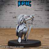 Rear view of a kneeling elf female fighter miniature showing cascading hair, buckled leather back armour and belt pouches, with an ornate long sword held aloft in her raised right hand. Sculpt by Epic Miniatures.