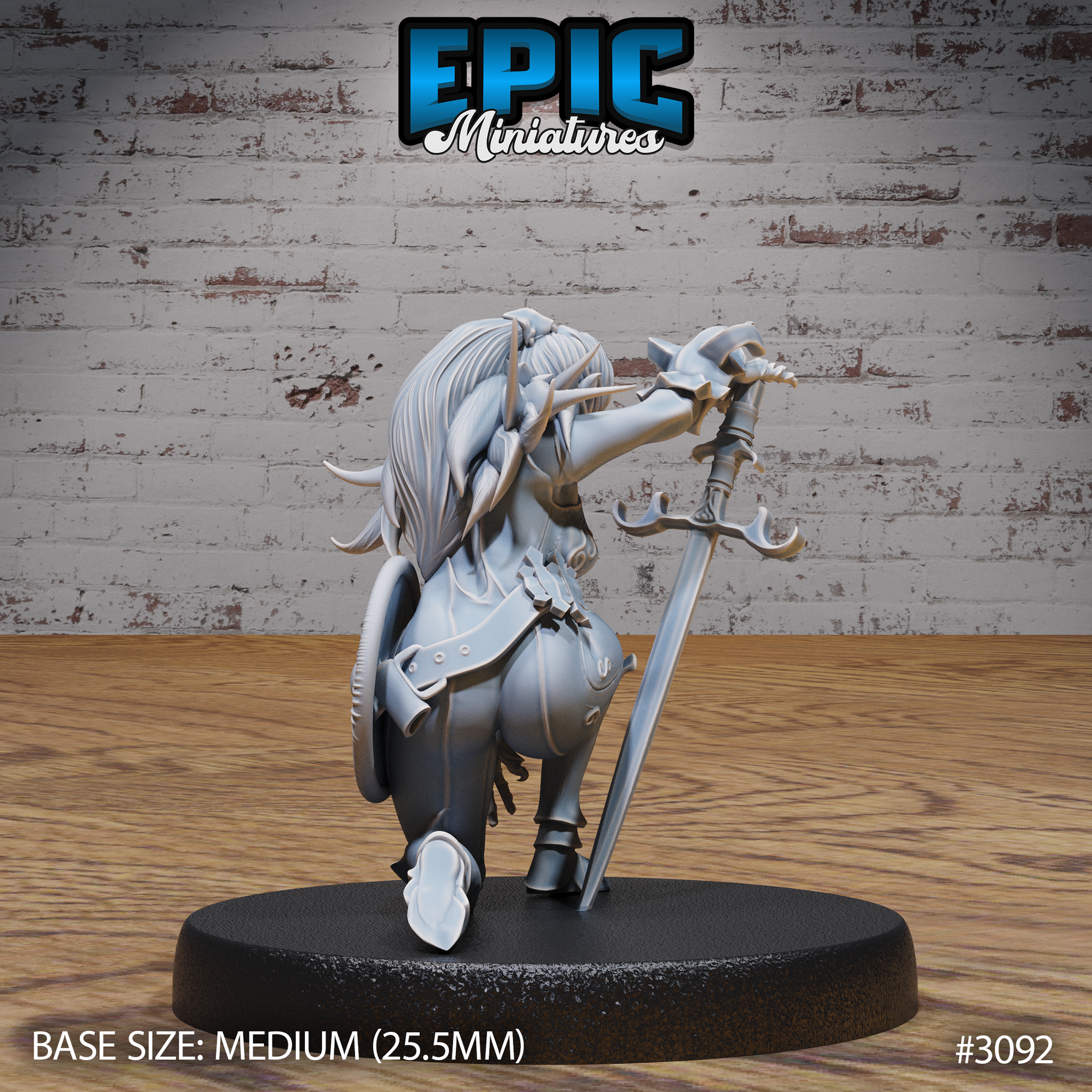 Rear view of a kneeling elf female fighter miniature showing cascading hair, buckled leather back armour and belt pouches, with an ornate long sword held aloft in her raised right hand. Sculpt by Epic Miniatures.