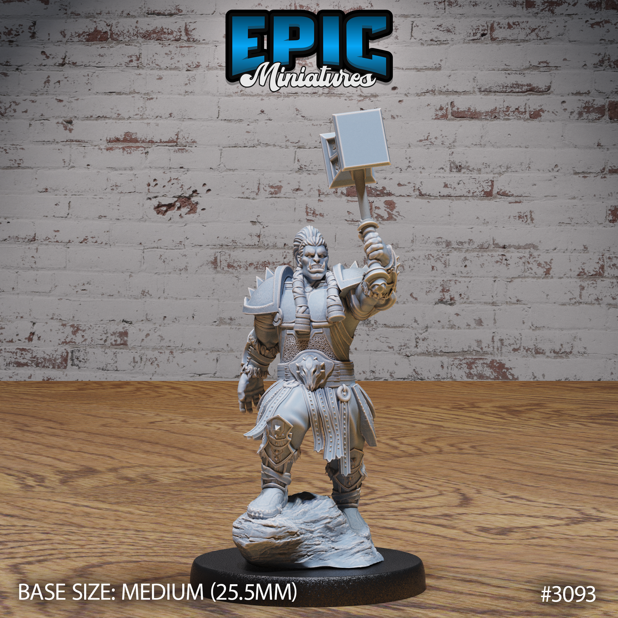 Muscular orc paladin raising a large square-headed war hammer overhead with his right fist, wearing spiked pauldrons, chainmail, a raven skull belt emblem, and fur-trimmed boots. Sculpt by Epic Miniatures.