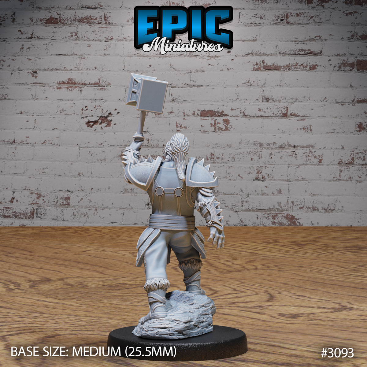 Orc paladin seen from behind with war hammer raised high, showing spiked pauldrons, layered back armour, belted tabard, and fur-trimmed boots on a rocky rubble base. Sculpt by Epic Miniatures.