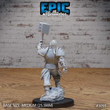 Orc paladin seen from behind with war hammer raised high, showing spiked pauldrons, layered back armour, belted tabard, and fur-trimmed boots on a rocky rubble base. Sculpt by Epic Miniatures.